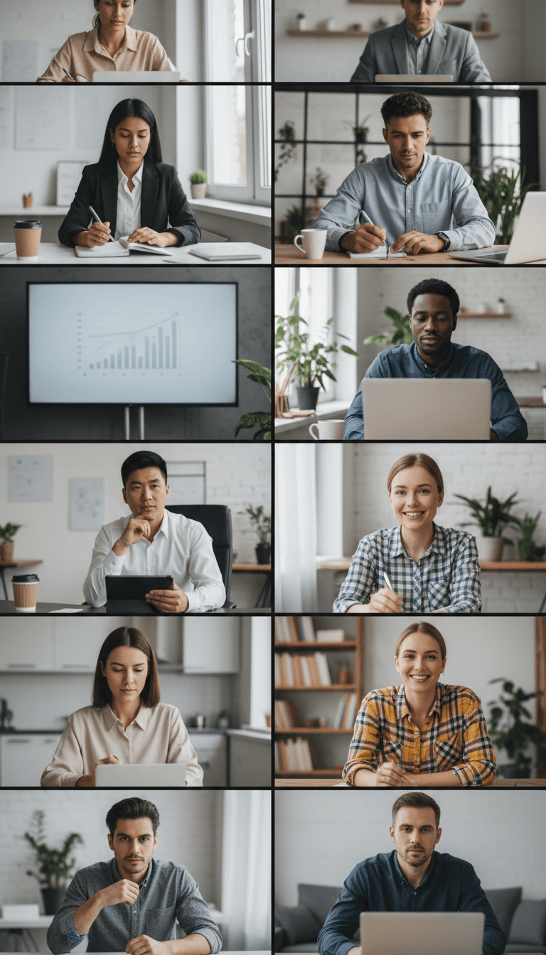 Diverse international audience members engaged while watching live-streamed conference on various devices in home offices and boardrooms