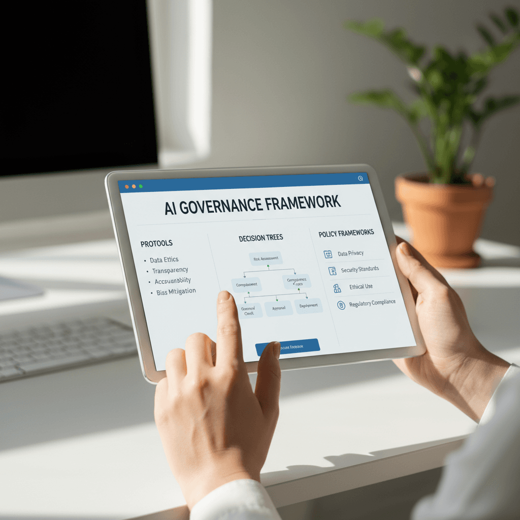 Consultant's hands holding tablet showing structured AI governance framework and decision-making dashboard